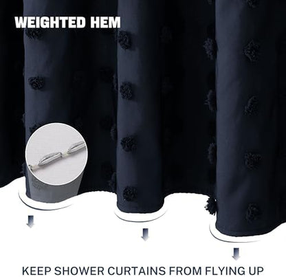 Siiluminisoy Boho Navy Blue Shower Curtain Woven Fabric Shower Curtain, 72 x 72 Tufted Pleat Floral Puffs Textured Modern Minimalist Shower Curtain Set with Hooks for Bathroom