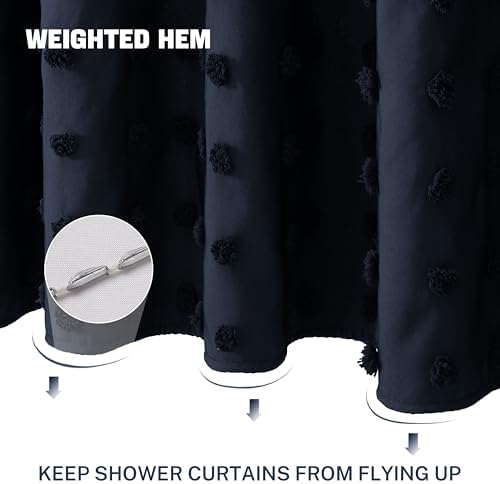 Siiluminisoy Extra Long Boho Shower Curtain Woven Fabric 84 Inch Navy Blue Shower Curtain, 72 x 84 Tufted Pleat Floral Puffs Textured Modern Minimalist Shower Curtain Set with Hooks for Bathroom