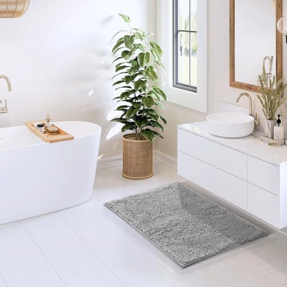 Hearth & Harbor Bathroom Rugs, Chenille Bath Mat - Machine Washable Bath Mats for Bathroom Non-Slip Backing Rubber, Quick Dry Bathroom Mat - Silver Bath Rug, 20x32