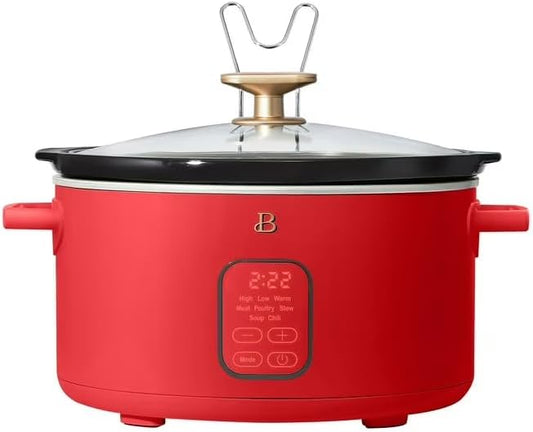 B 6 Qt Programmable Slow Cooker with Digital Timer, 5 Cooking Functions, Removable Ceramic Pot, Tempered Glass Lid, Dishwasher Safe (Tomato Red)
