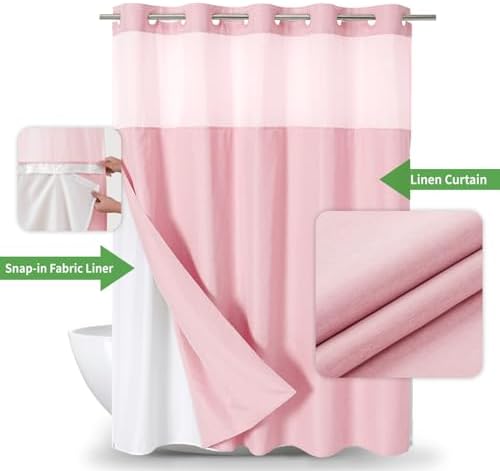 eachope No Hook Linen Texture Shower Curtain with Snap-in Liner,71x86 Pink