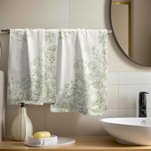 French Country Flowers Hand Towels Set of 2, Green Chinoiserie Vintage Floral Absorbent Dish Towel Tea Towels for Farmhouse Bathroom Kitchen Cleaning and Decor 14x28 Inch