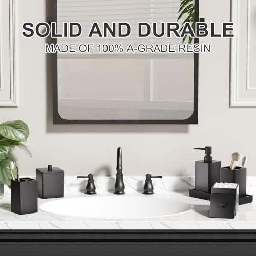 Black Bathroom Accessories Set Resin 6PCS, Square Toothbrush Holders Set Complete with Soap Dispenser, Vanity Tray, Tumbler, Cups and Cotton Swab Jars for Counter, Sink or Small Spaces
