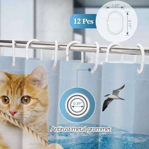 Aimego Extra Long Shower Curtain - Funny Cute Cool Cat Riding Shark Ocean Wave Fun Fabric Cloth Shower Curtain Set with 12 Hooks for Adults Kids Bathroom Decor Accessories Bathtub Curtain, 72"x78"
