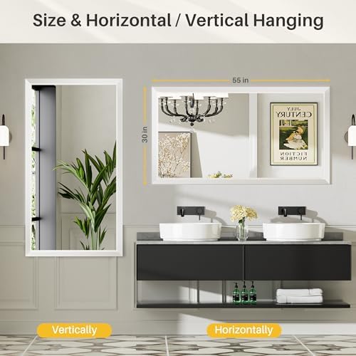 Briivue Bathroom Wall Mirror, White Metal Frame, 55x30 Inch