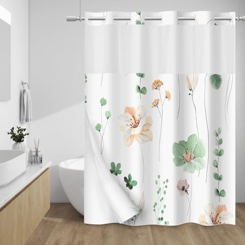 WITHLOC No Hook Floral Shower Curtain with Liner, Sage Green, 71x74