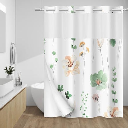 WITHLOC No Hook Floral Shower Curtain with Liner, Sage Green, 71x80