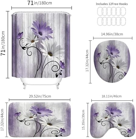 Onalasyc 4PCS Purple Daisy Bathroom Sets with Shower Curtain and Rugs