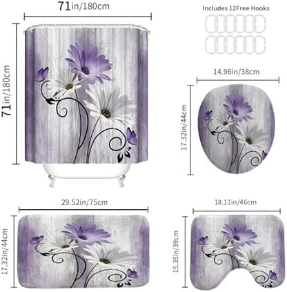 Onalasyc 4PCS Purple Daisy Bathroom Sets with Shower Curtain and Rugs