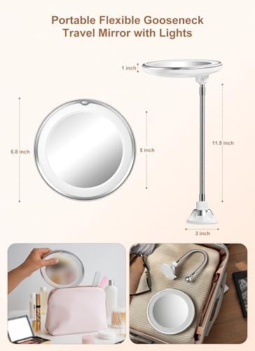 10x Magnifying Mirror with Light, Flexible Gooseneck Travel Make up Mirror