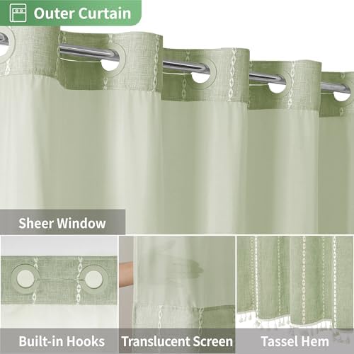 eachope Sage Green Farmhouse No Hook Shower Curtain Set with Snap-in Fabric Liner,Boho Heavy-Duty Linen Textured Rustic Striped Design,Water-Repellent with Tassels and Sheer Window,71x74