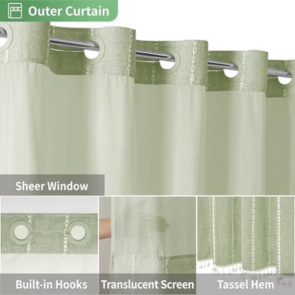 eachope Sage Green Farmhouse No Hook Shower Curtain Set with Snap-in Fabric Liner,Boho Heavy-Duty Linen Textured Rustic Striped Design,Water-Repellent with Tassels and Sheer Window,71x74
