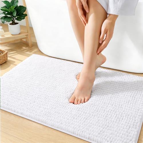 OLANLY Thick Chenille Bathroom Rugs 36x24, Soft Absorbent Bath Mat, White
