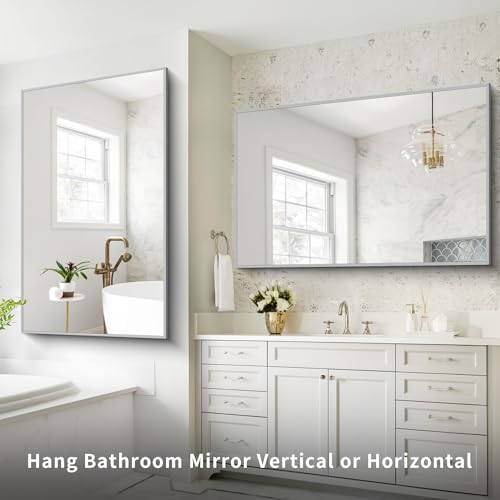 COFENY 36x55inch Bathroom Mirror, Silver Rectangle Mirror with Thin Metal Frame, Large Rectangular Wall Mirrors for Bathroom, Living Room, Hair Salon, Big Mirror Hang Horizontal/Vertical