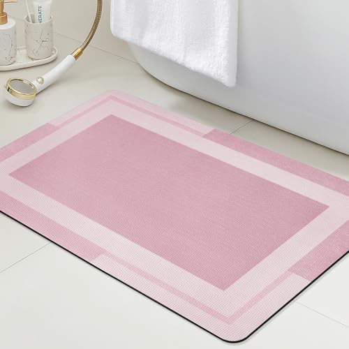 ACCUMTEK Non Slip Bath Mat, Thin Bathroom Rugs Fit Under Door, Quick Dry Bath Mats, Machine Washable Bath Rugs for Bathroom, Bathtub & Kitchen, Bathtub & Kitchen, Pink/Bordered/24 x17