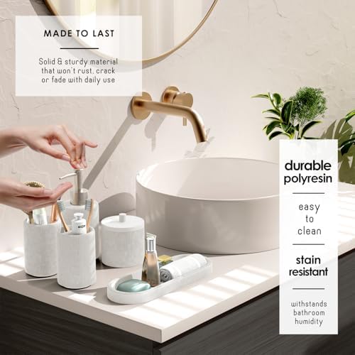 Clara Clark Bathroom Set - White Bathroom Accessories Set, 5PC Bathroom Accessory Set, Bathroom Sets with Soap Dispenser, Toothbrush Holder, Tumbler, Cotton Swab Jar & Vanity Tray