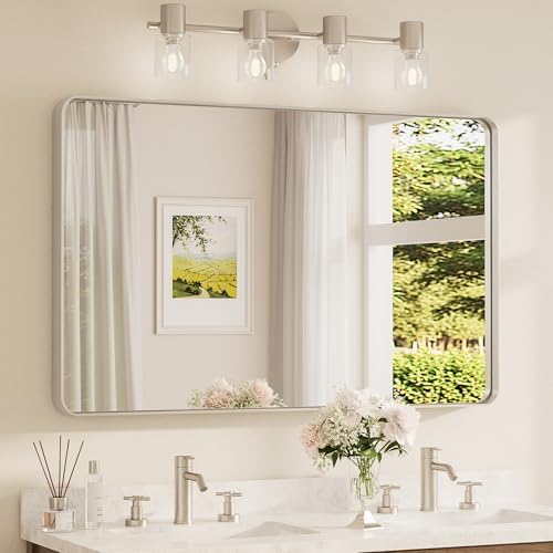 TETOTE Brushed Nickel Bathroom Mirror 48 x 30 Inch for Vanity Metal Framed Mirror Modern Farmhouse for Living Room Entryway(Horizontal/Vertical)