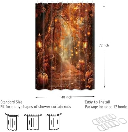 Fall Pumpkins Shower Curtain，Halloween Autumn Thanksgiving Harvest Forest Rural Trail Bathroom Decor，48 x 72 Inch Polyester Fabric Waterproof Bathroom Curtain with Hooks