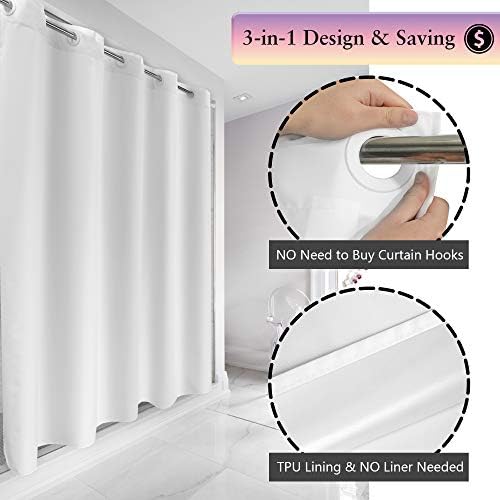 River Dream Extra Long No Hook Shower Curtain TPU Lining, White, 71x86
