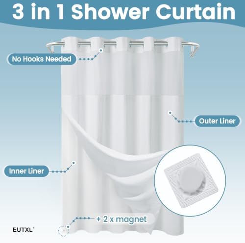 EUTXL Heavyweight No Hook Shower Curtain with Liner, White,71x77