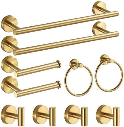 Bathroom Hardware Set Brushed Gold, 10pcs Towel Bar Set Including 2pcs16 inch Towel Bars, Toilet Paper Holders, Towel Rings and 4pcs Robe Towel Hooks