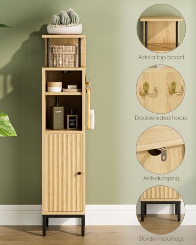Bathroom Storage Cabinet,Small Corner Floor Cabinet with 2 Hook,Narrow Tall Toilet Paper Cabinet with Adjustable Shelves,Bathroom Organizer for Living Room,Small Spaces (Wave, Oak-37''H)