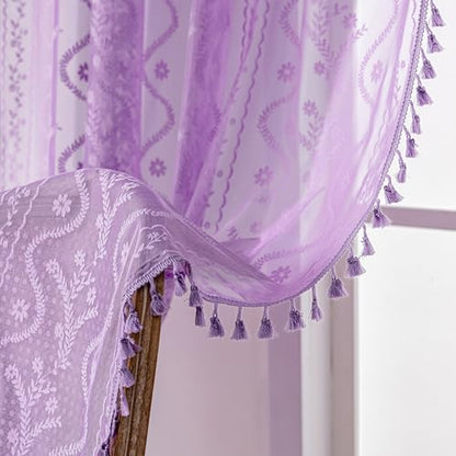 WAZZIO Purple Lace Shower Curtain for Bathroom 72" W x 72" L, Victorian Farmhouse Floral Pattern Tassel Fancy Shower Curtain Boho Washable Cloth Decorative Bath Curtains,1 Panel