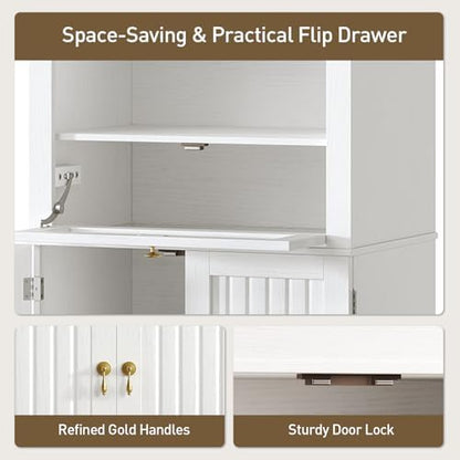 RALGEND 66" Tall Bathroom Storage Cabinet with Flip Drawer, Freestanding Storage Cabinet with Doors & Shelves,Arched Cabinets for Bathroom, Living Room, Kitchen, Laundry, White