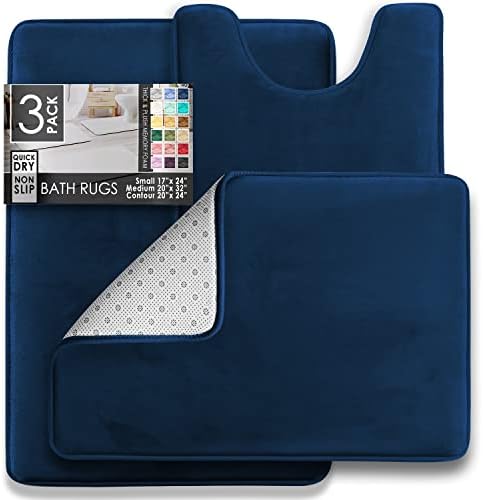 Clara Clark 3 Piece Bathroom Rugs Bath Mat Set, Velvet Memory Foam Bath Mats for Bathroom - Non-Slip, PVC Backing Bath Rugs, Washable - Dries Quickly, Blue