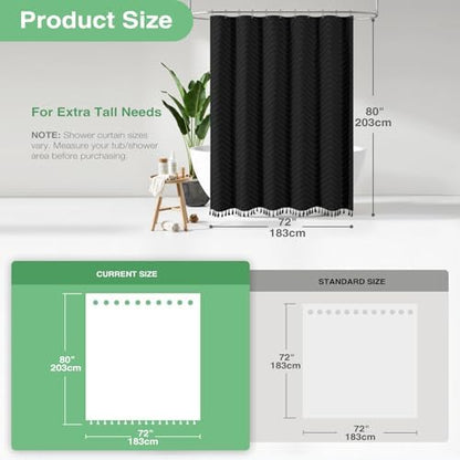 Dynamene Long Boho Farmhouse Shower Curtain Tufted Chevron 72"x80" Black