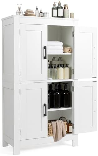 VUSIGN Bathroom Floor Cabinet, Farmhouse Storage Cabinet with 4 Doors, Adjustable Shelves, Modern Freestanding Storage Unit, Versatile Cupboard for Kitchen Living Room, Dining Room, Entryway, White