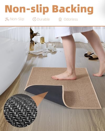 PADOOR Non-Slip Bath Mat With Rubber-Backing, Braided Absorbent Machine Washable Thin Rug for Bathroom Floor, Quick Dry, Fits Under Door, 17''x24'' Beige