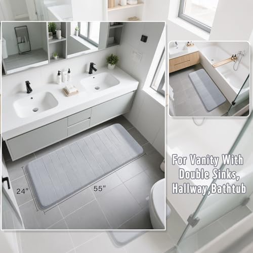 Yimobra Bathroom Runner 55"x24", Non Slip Memory Foam Bath Mat, Super Soft Water Absorbent Hallway Carpet, Machine Washable Rug for Vanity Tub Shower, Silver