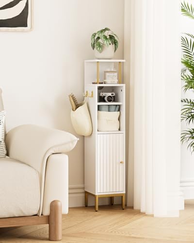Bathroom Storage Cabinet,Small Corner Floor Cabinet with 2 Hook,Narrow Toilet Paper Cabinet with Adjustable Shelves,Bathroom Organizer for Living Room,Small Spaces (Wave, White-37''H)