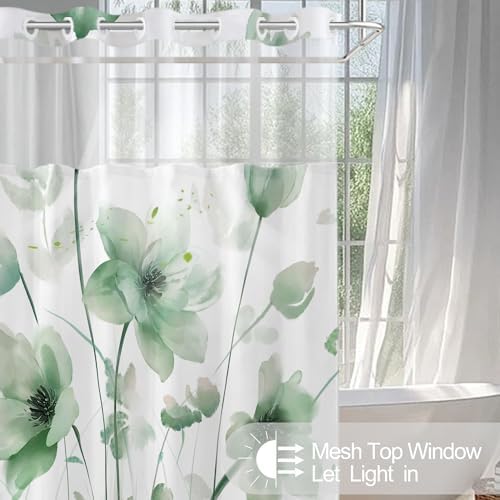 No Hook Shower Curtain and Liner Set, Green Boho Floral 71x77