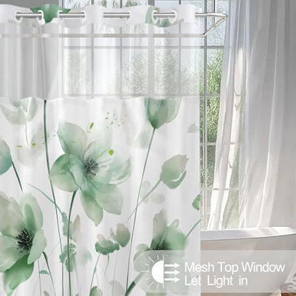 No Hook Shower Curtain and Liner Set, Green Boho Floral 71x77