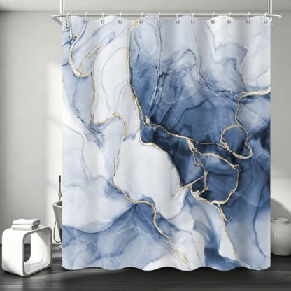 Blue Marble Shower Curtain Modern Abstract Luxury Gold Ink Texture Gray Ombre Watercolor Bathroom Curtain Set with Hooks Soft and Lightweight Waterproof Fabric Machine Washable 36" Wx72 L