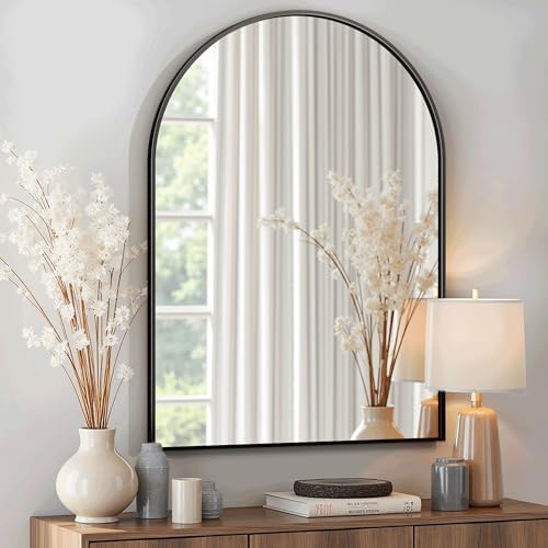 Arched Bathroom Mirror for Wall, 30" x 20" Metal Frame Vanity Mirror, Black