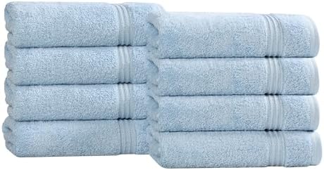 Superior Egyptian Cotton 8-Piece Hand Towel Set, Towel Basics For Quick Dry, Absorbent Small Towels, Facial, Spa, Kitchen, Bathroom Essentials, Apartment, Guest Bath, Soft, Washcloth, Light Blue