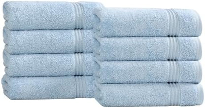 Superior Egyptian Cotton 8-Piece Hand Towel Set, Towel Basics For Quick Dry, Absorbent Small Towels, Facial, Spa, Kitchen, Bathroom Essentials, Apartment, Guest Bath, Soft, Washcloth, Light Blue