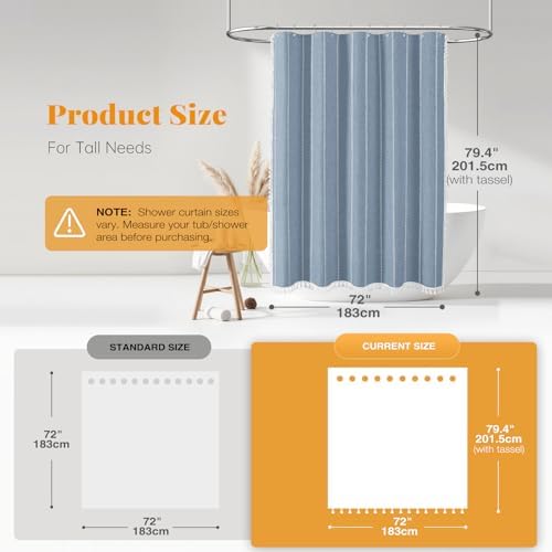 BTTN 72x78 Long Boho Farmhouse Linen Heavy Duty Cloth Shower Curtain, Blue