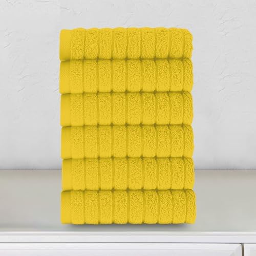 Elegant Comfort 100% Turkish Cotton Corduroy Ribbed Luxury Washcloths 6 Pack Soft 13 x 13 Inch - Higly Absorbent, Durable, Quick Dry, Spa Premium Hotel Quality for Bathroom or Travel, Yellow