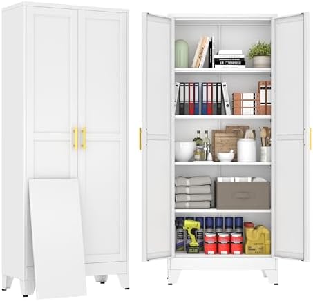 71" White Metal Storage Cabinet with 2 Doors and 4 Adjustable Shelves,Steel Garage Tool Cabinet, File Cabinet,Kitchen Pantry Cabinet for Home,Office,Garage,School,Warehouse