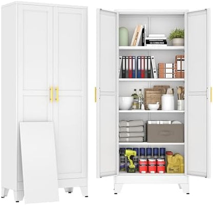 71" White Metal Storage Cabinet with 2 Doors and 4 Adjustable Shelves,Steel Garage Tool Cabinet, File Cabinet,Kitchen Pantry Cabinet for Home,Office,Garage,School,Warehouse