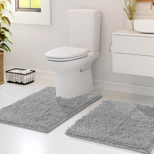 Hearth & Harbor Bathroom Rugs, Chenille Bath Mat - Machine Washable Bath Mats for Bathroom Non-Slip Backing Rubber, Quick Dry Bathroom Mat - Silver 17x24-20x24