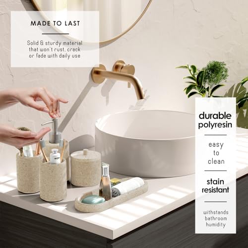 Clara Clark Bathroom Set - Beige Bathroom Accessories Set, 24PC Bathroom Accessory Set, Bathroom Sets with Shower Curtain Set, Adhesive Corner Shower Caddy Hanging & Soap Dispenser
