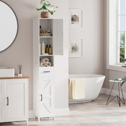 Homhedy 67" H Tall Bathroom Storage Cabinet with Barn Doors and Drawer