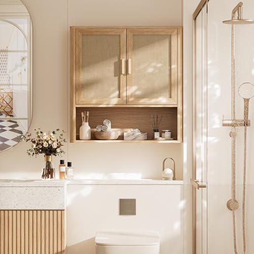 INNOD Rattan Bathroom Wall Cabinet with Open Compartments, Wall-Mounted Medicine Cabinet with Adjustable Wood Shelf & Doors, Over the Toilet Storage Cabinet for Laundry Room & Kitchen & Living Room