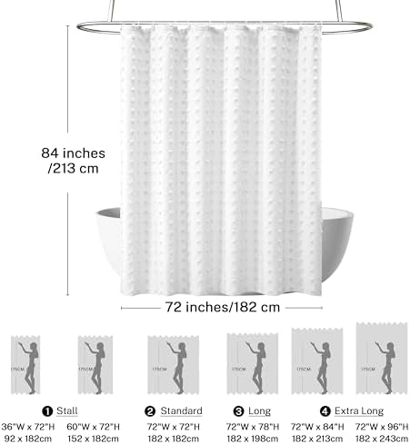 Extra Long Boho Farmhouse Shower Curtain Woven Fabric 84 Inch White Shower Curtain, 72 x 84 Tufted Pleat Floral Puffs Textured Modern Minimalist Shower Curtain Set with Hooks for Bathroom