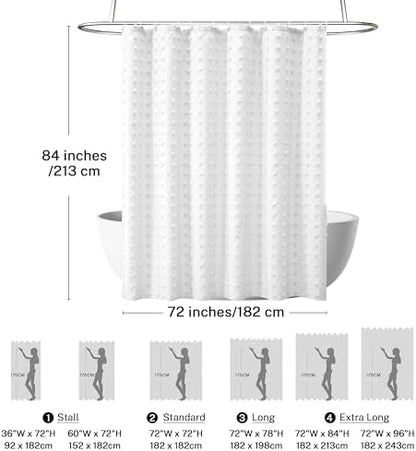 Extra Long Boho Farmhouse Shower Curtain Woven Fabric 84 Inch White Shower Curtain, 72 x 84 Tufted Pleat Floral Puffs Textured Modern Minimalist Shower Curtain Set with Hooks for Bathroom